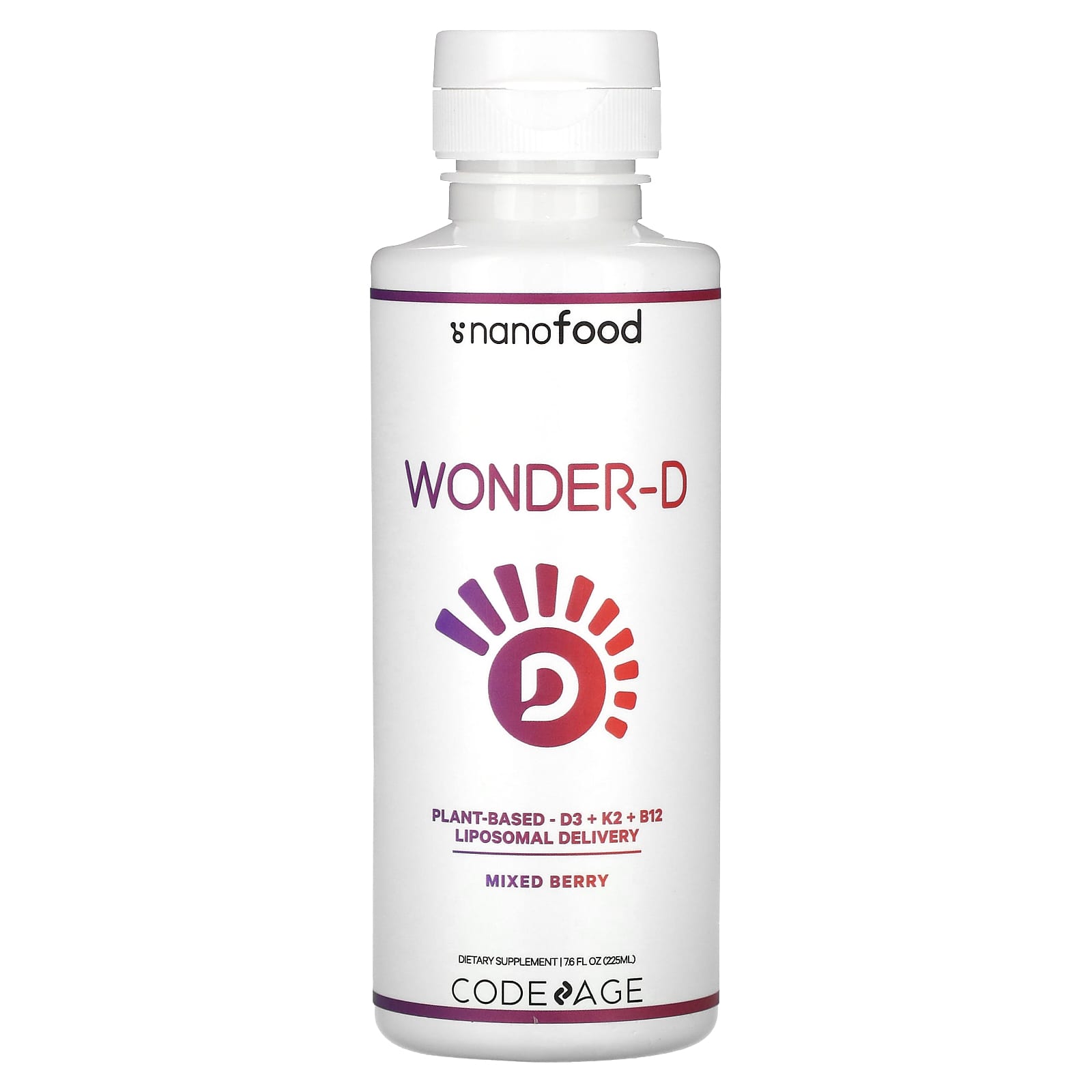 Codeage, Nanofood, Wonder-D, Plant-Based, D3 + K2 + B12, Liposomal Delivery, Mixed Berry, 7.6 fl oz (225 ml) UPC 850026121698 | HiLife Vitamins